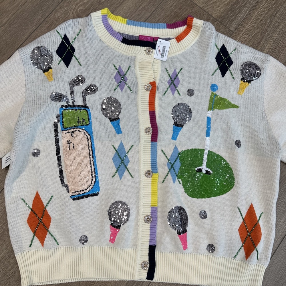 NWT Queen of Sparkles Women's Golf Button Cardigan Oversize Sweater Sz S